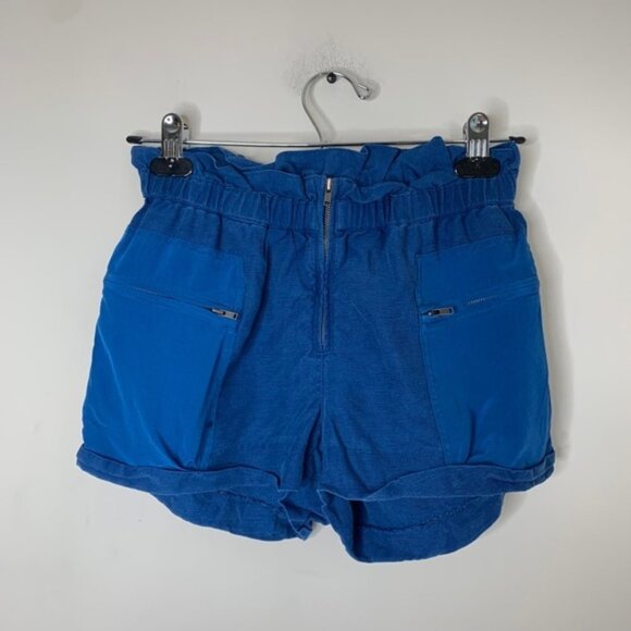 Aritzia Wilfred Shorts Crepe Paperbag Ruched Elastic Waist Linen Cobalt Blue - Picture 8 of 15